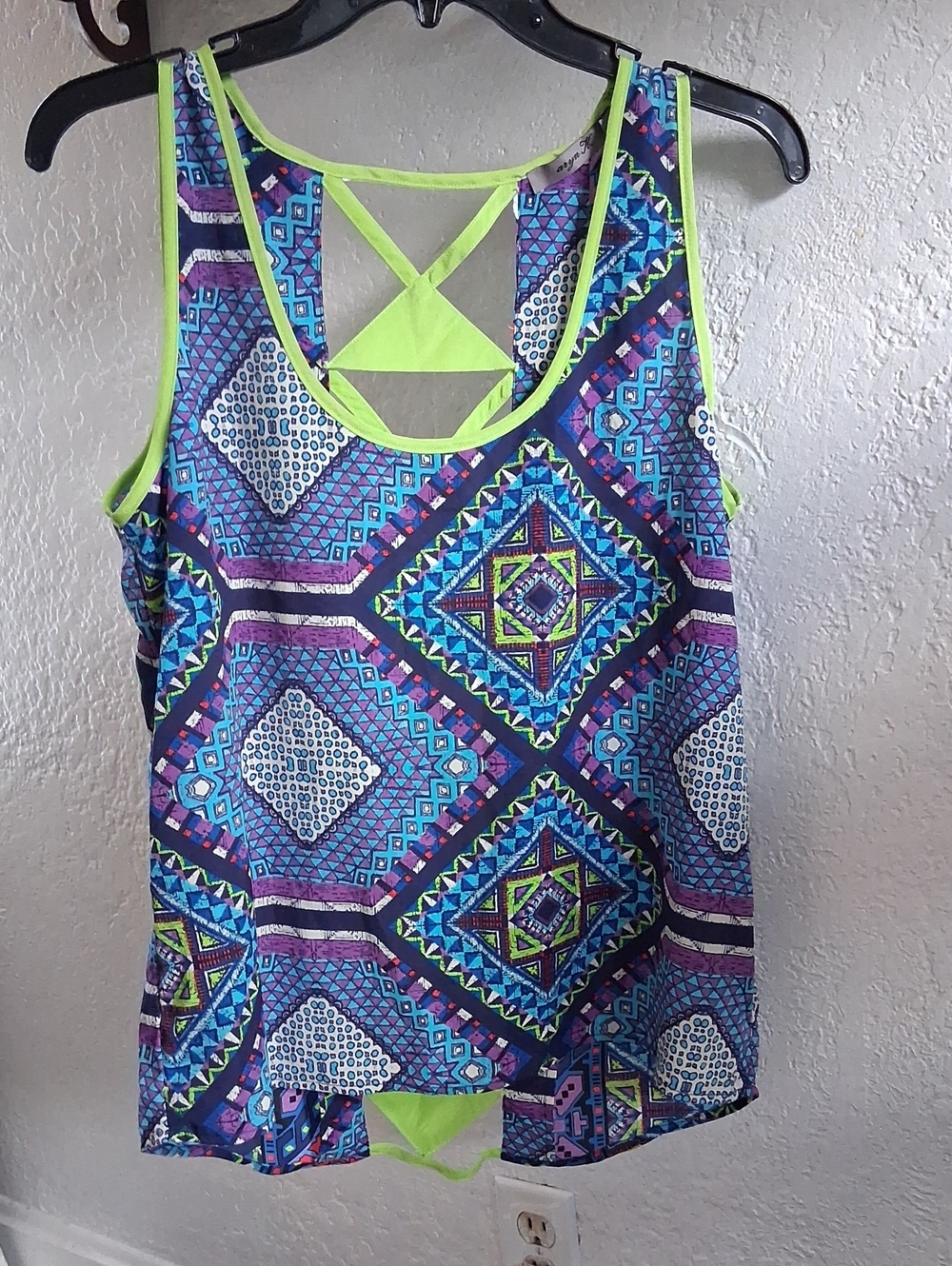 Aryn K Purple Blue Geometric Tank with Neon Green Trim